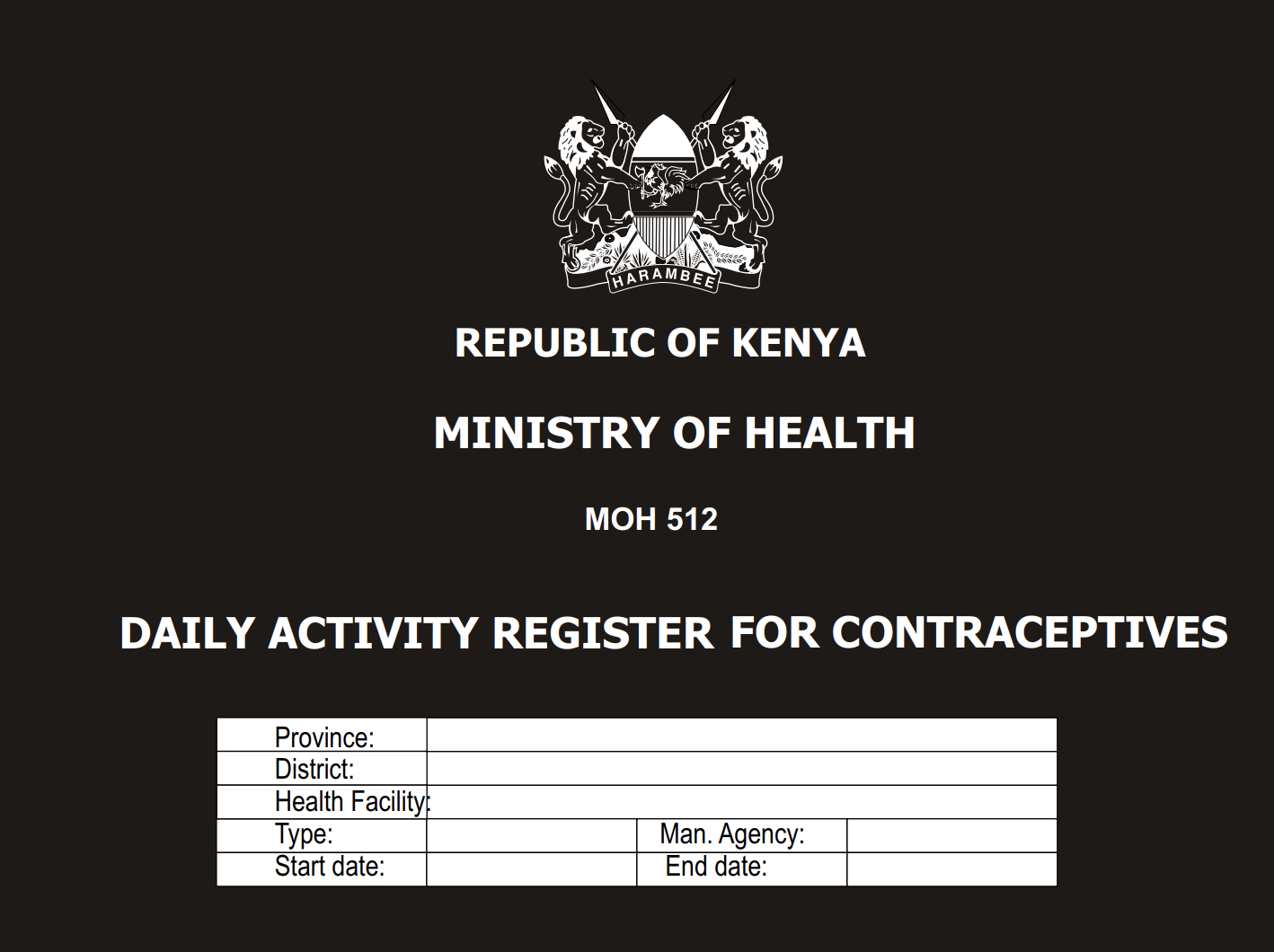Daily Activity Register for Contraceptives