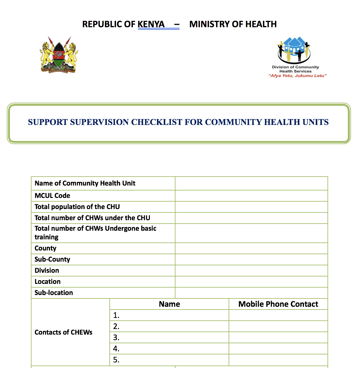 Afrique de l'Est : Liste de contrôle de la supervision de soutien pour les unités de santé communautaire