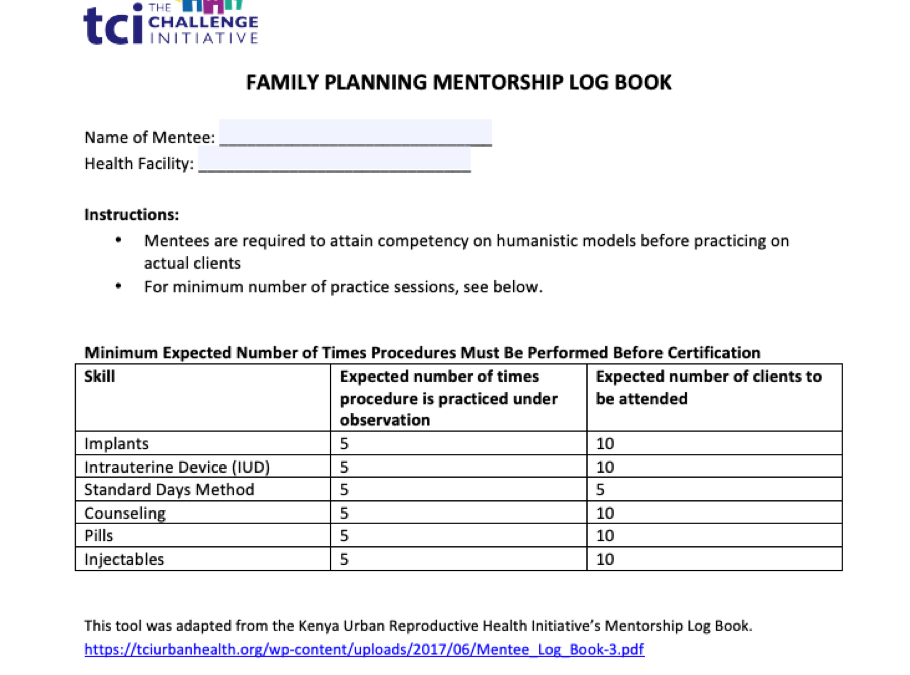 Family Planning Mentorship Log Book