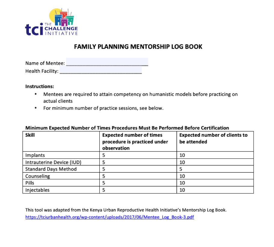 Carnet de mentorat pour la planification familiale
