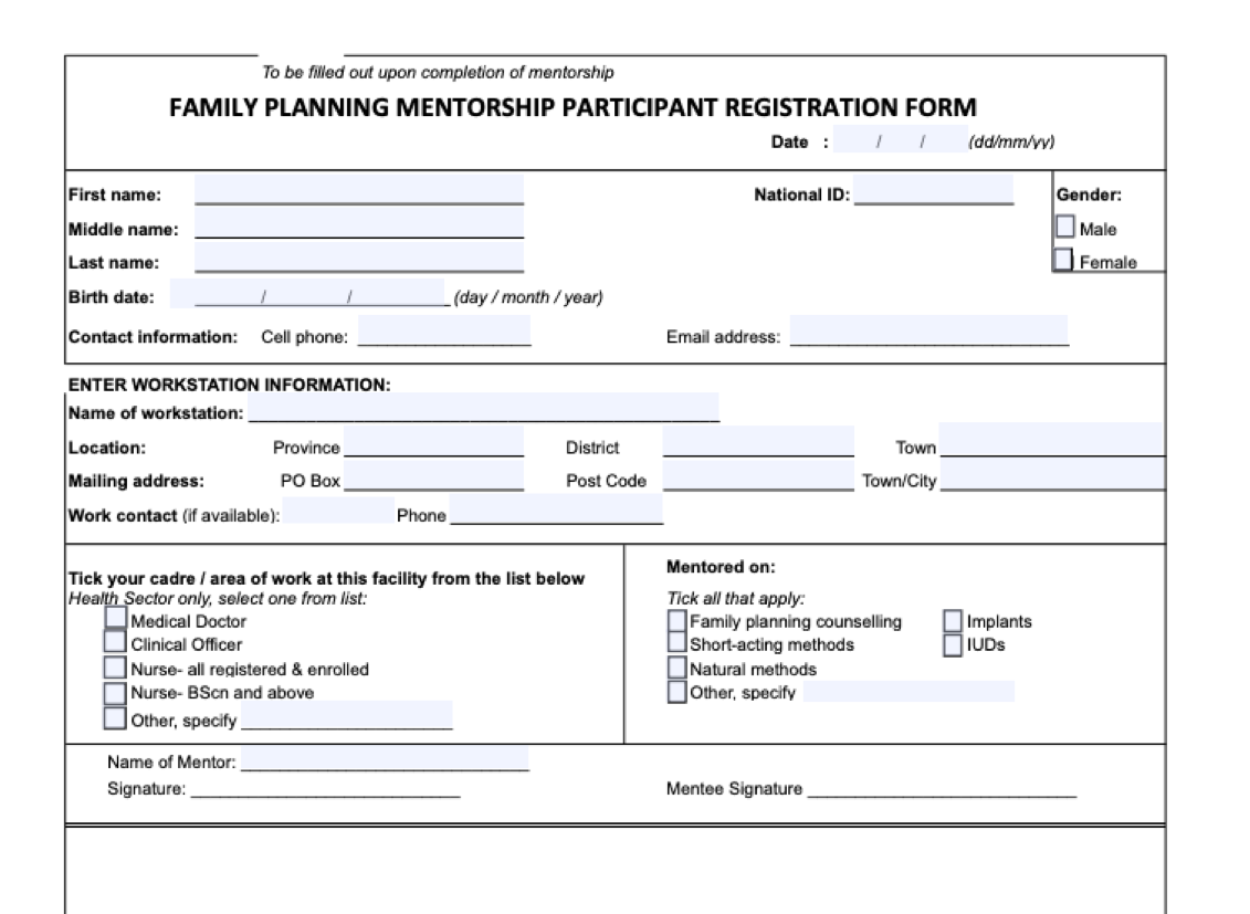 Family Planning Mentorship Participant Registration Form