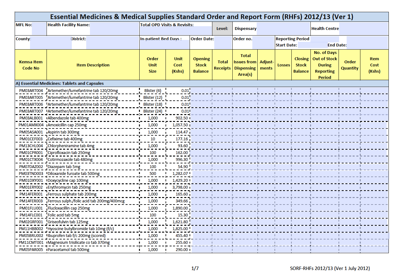 Medical Supplies Order and Report Form