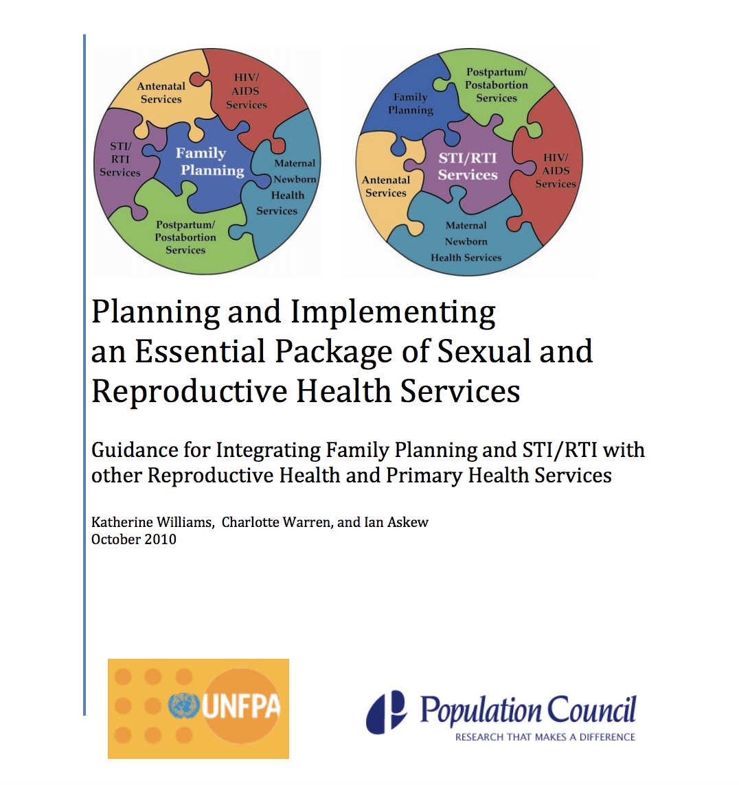 جنسی اور تولیدی صحت خدمات کے ایک لازمی پیکیج کی منصوبہ بندی اور نفاذ: خاندانی منصوبہ بندی اور ایس ٹی آئی/ آر ٹی آئی کو دیگر تولیدی صحت اور بنیادی صحت خدمات کے ساتھ مربوط کرنے کے لئے رہنمائی
