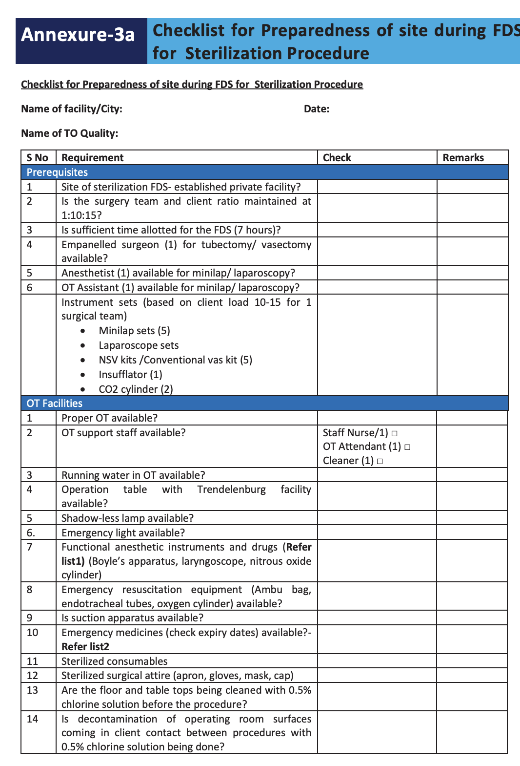 Checklist for Preparedness of Site during FDS for Sterilization Procedure