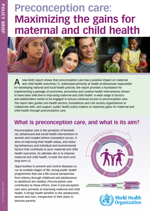 Soins préconceptionnels : Maximiser les gains pour la santé maternelle et infantile, Organisation mondiale de la Santé