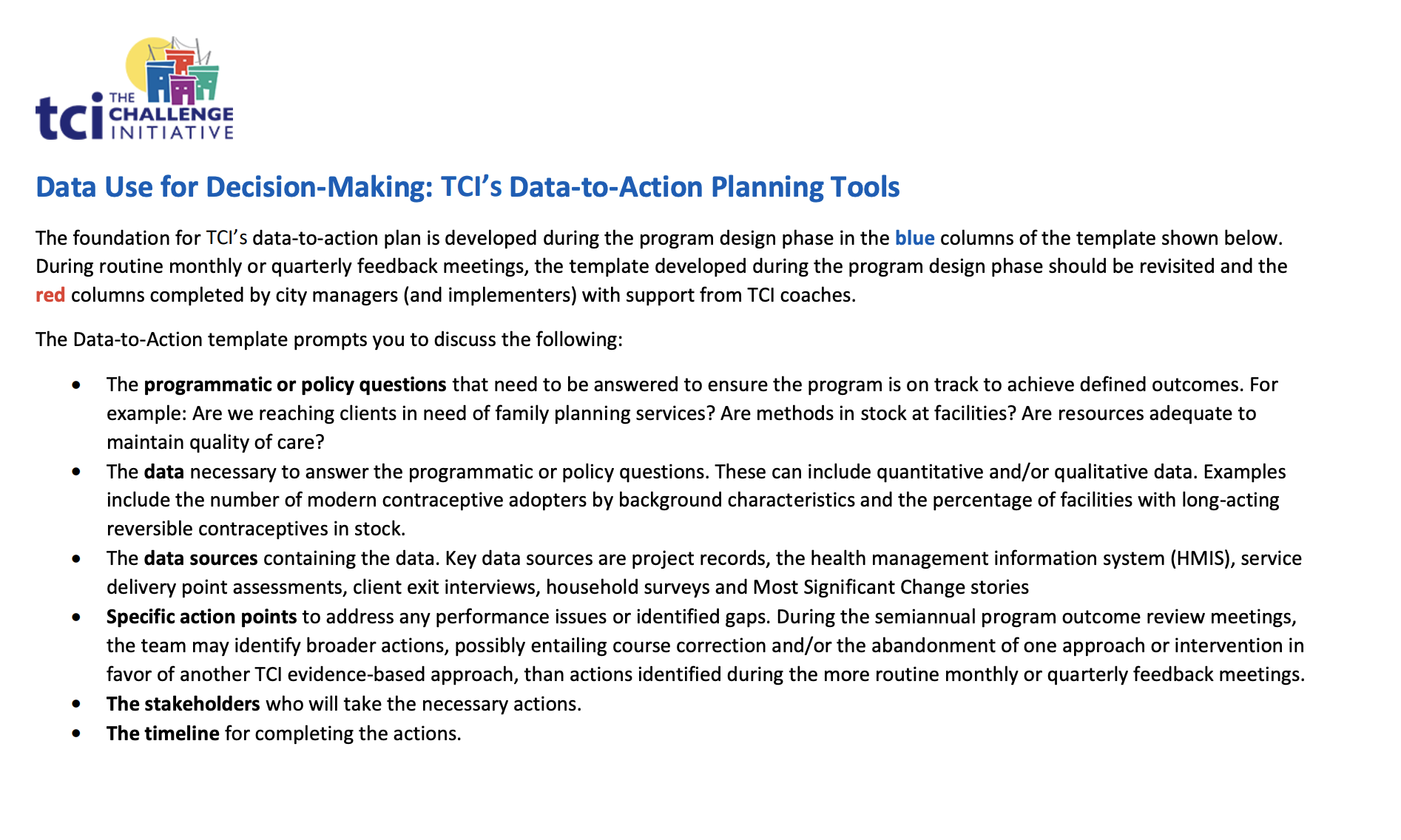 TCI डेटा-से-कार्य योजना टेंपलेट्स