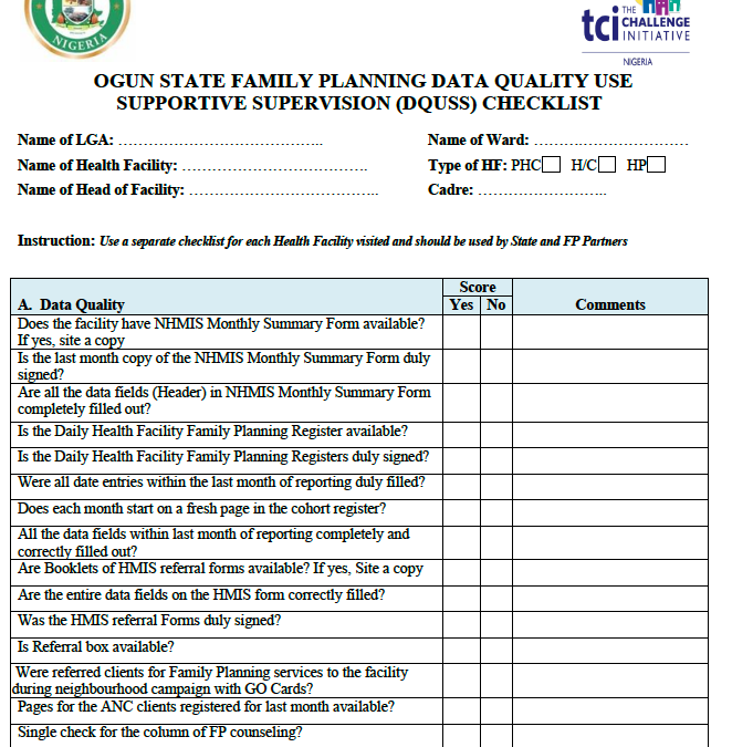 Family Planning Data Quality User Supportive Supervision (DQUSS) Checklist