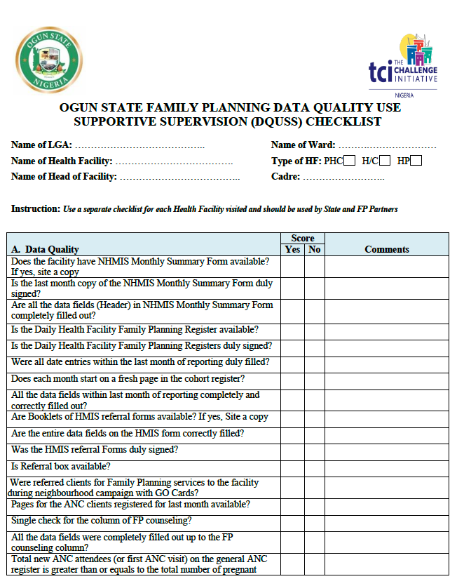 Family Planning Data Quality User Supportive Supervision (DQUSS) Checklist