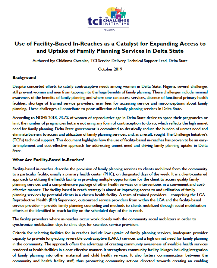 Use of Facility-Based In-Reaches as a Catalyst for Expanding Access to and Uptake of Family Planning Services in Delta State