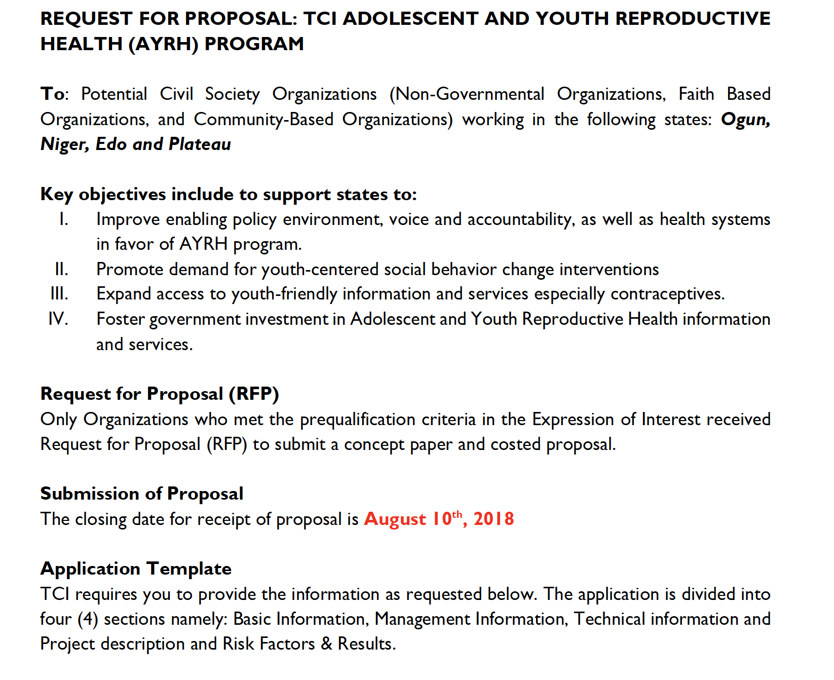 प्रस्ताव के लिए अनुरोध: TCI किशोर और युवा प्रजनन स्वास्थ्य (AYRH) कार्यक्रम