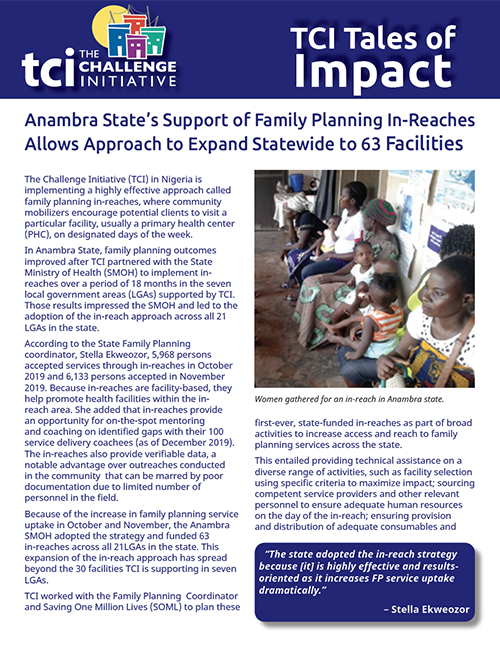Le soutien de l'État d'Anambra à la planification familiale à l'intérieur de l'État permet d'étendre l'approche à 63 établissements