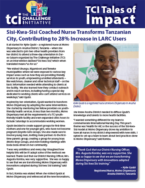 Sisi-Kwa-Sisi Coached Nurse Transforms Tanzanian City, Contributing to 28% Increase in LARC Users