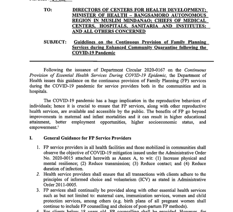 Guidelines on the Continuous Provision of Family Planning Services during Enhanced Community Quarantine following the COVID-19 Pandemic