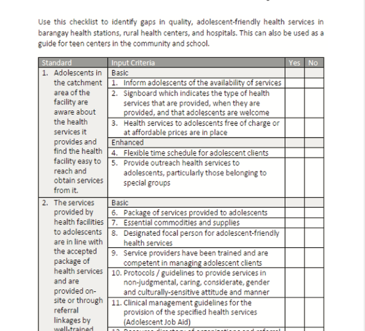 National Standards for Adolescent-Friendly Services Checklist