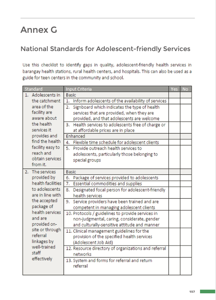 Liste de contrôle des normes nationales pour des services adaptés aux adolescents