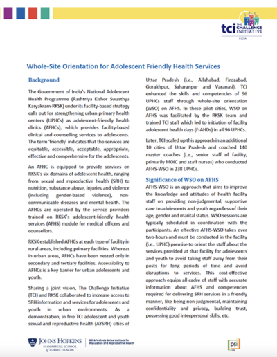 Whole-Site Orientation for Adolescent Friendly Health Services