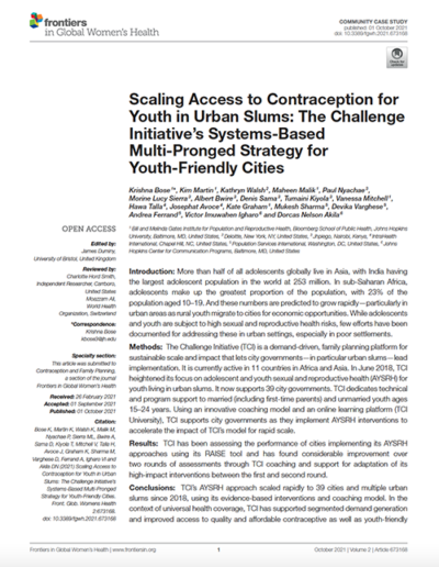 Élargir l'accès à la contraception pour les jeunes des bidonvilles : The Challenge InitiativeStratégie multidimensionnelle basée sur les systèmes pour des villes amies des jeunes.