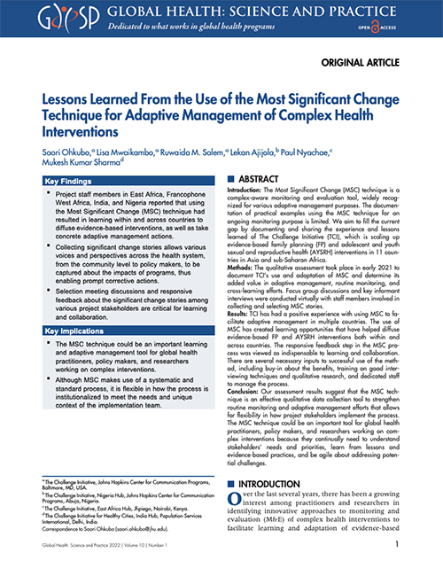 Lessons Learned From the Use of the Most Significant Change Technique for Adaptive Management of Complex Health Interventions