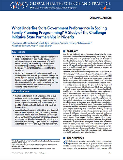 What Underlies State Government Performance in Scaling Family Planning Programming? A Study of The Challenge Initiative State Partnerships in Nigeria