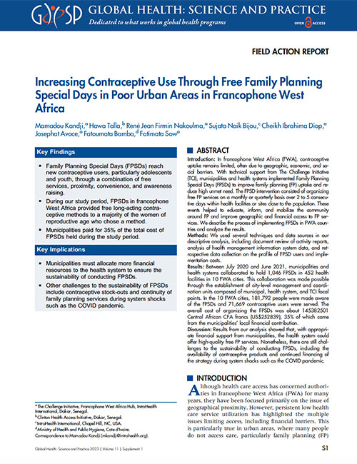 Increasing Contraceptive Use Through Free Family Planning Special Days in Poor Urban Areas in Francophone West Africa