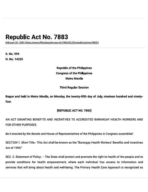 Republic Act 7883 Granting Benefits and Incentives to Accredited BHWs