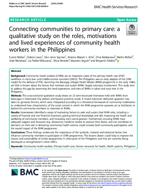 Connecting Communities to Primary Care: a Qualitative Study on the Roles, Motivations and Lived Experiences of Community Health Workers in the Philippines