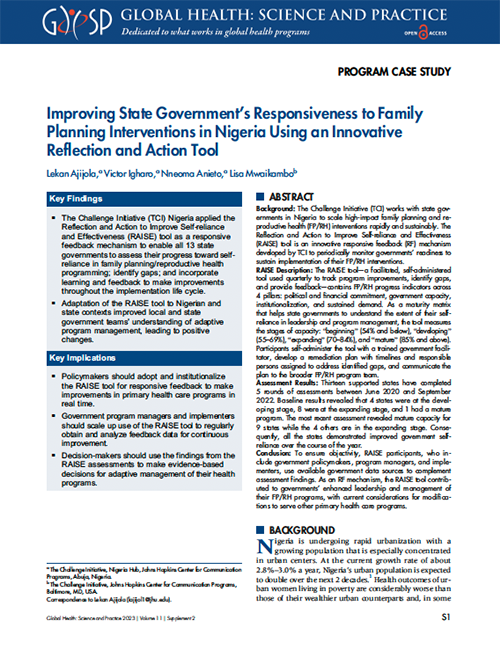 Améliorer la réactivité du gouvernement de l'État aux interventions de planification familiale au Nigeria en utilisant un outil de réflexion et d'action innovant.