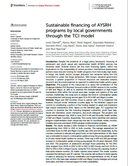 Financement durable des programmes d'AYSRH par les gouvernements locaux grâce au modèle TCI