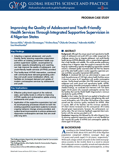 Improving the Quality of Adolescent and Youth-Friendly Health Services Through Integrated Supportive Supervision in 4 Nigerian States