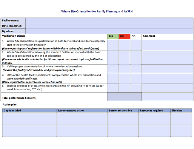 Liste de contrôle pour l'orientation globale du site en matière de planification familiale et d'AYSRH