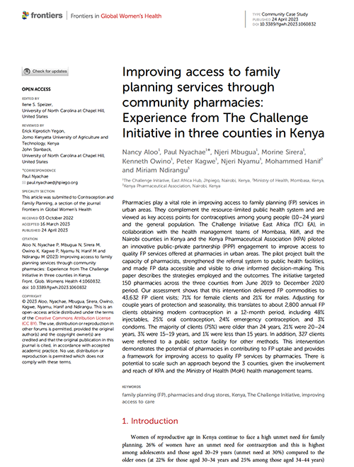 Améliorer l'accès aux services de planification familiale par le biais des pharmacies communautaires : L'expérience de The Challenge Initiative dans trois comtés du Kenya