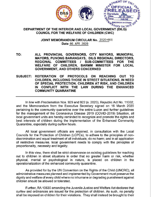 DILG: Reiteration of Protocols on Reaching out to Children