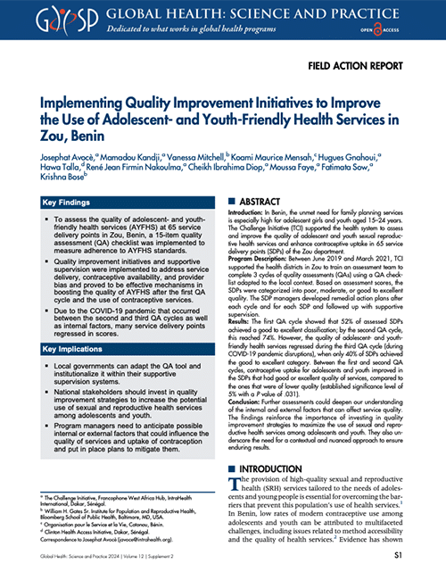 Implementing Quality Improvement Initiatives to Improve the Use of Adolescent- and Youth-Friendly Health Services in Zou, Benin